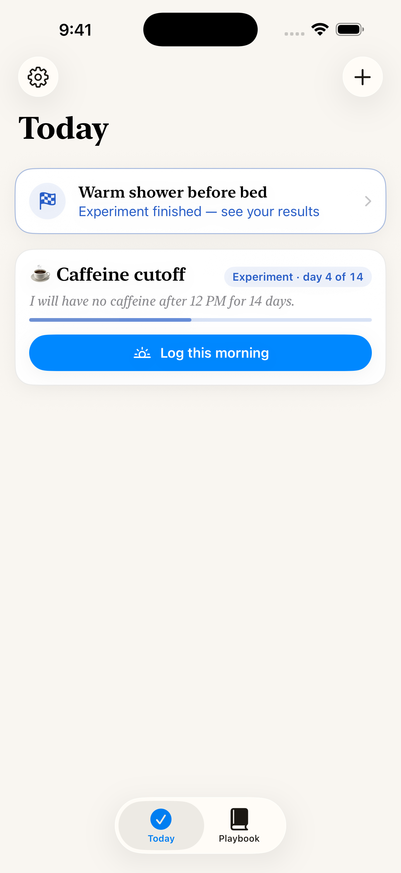 Today screen with a running sleep experiment and a morning check-in button