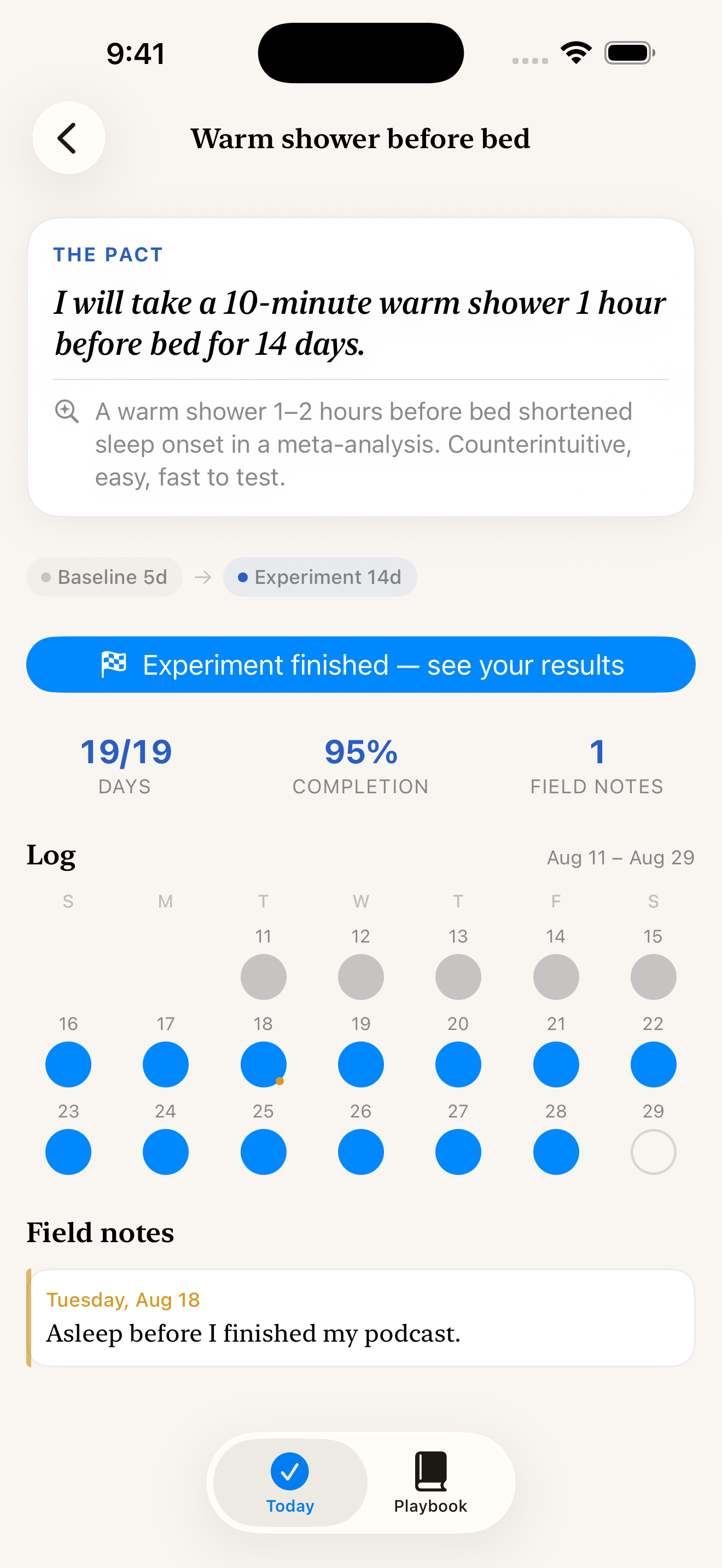 Experiment detail with baseline and experiment phases on a neutral calendar